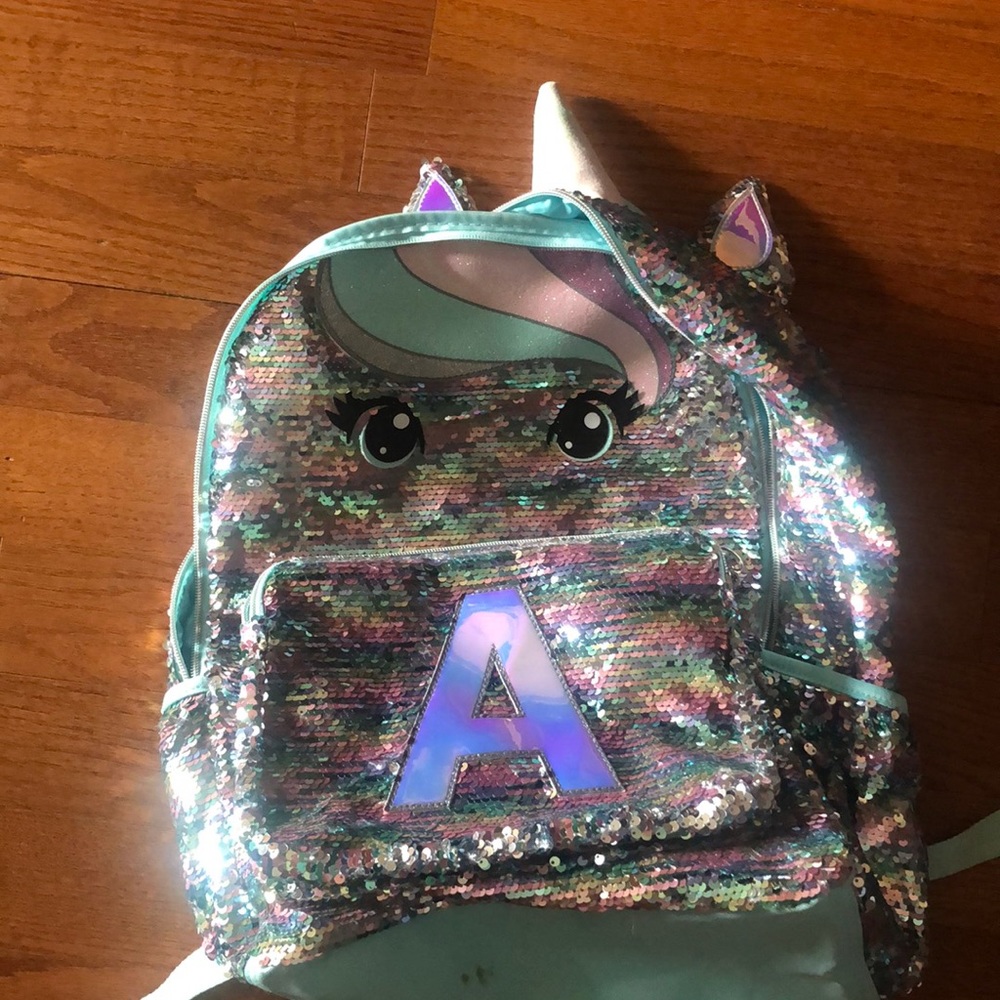 Justice unicorn letter A monogram flip sequin backpack/ bag